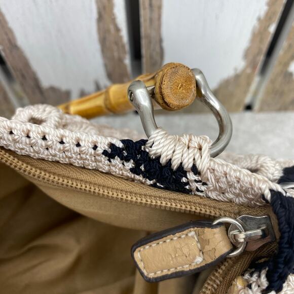 Handmade Crocheted Aluminum Soda Pop Top Bamboo Handles Purse Handbag Tan Black - Picture 12 of 12